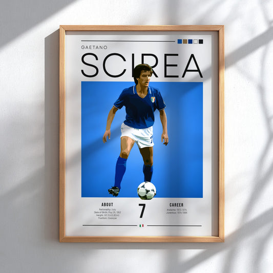 Gaetano Scirea poster featuring blue colors and minimalist design, celebrating an Italian football legend.