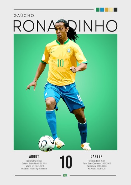 Ronaldinho football art featuring vibrant colors and vintage style, perfect for sports decor