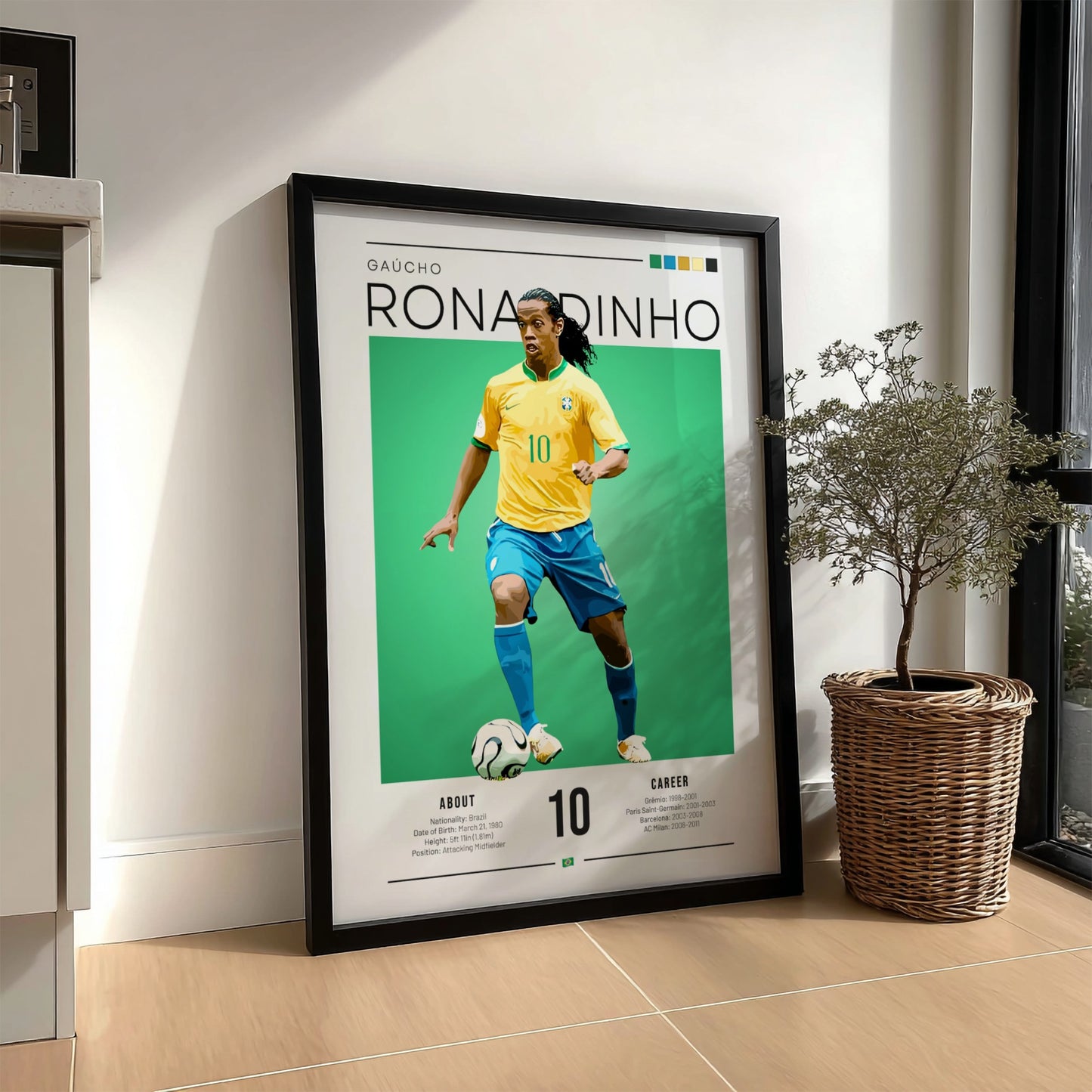 Ronaldinho football art featuring vibrant colors and vintage style, perfect for sports decor