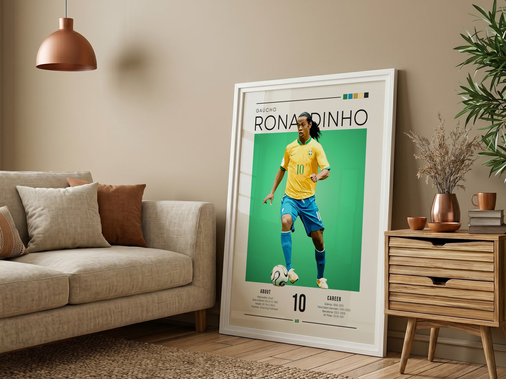 Ronaldinho football art featuring vibrant colors and vintage style, perfect for sports decor