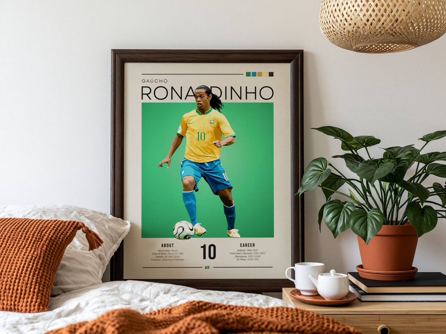 Ronaldinho football art featuring vibrant colors and vintage style, perfect for sports decor