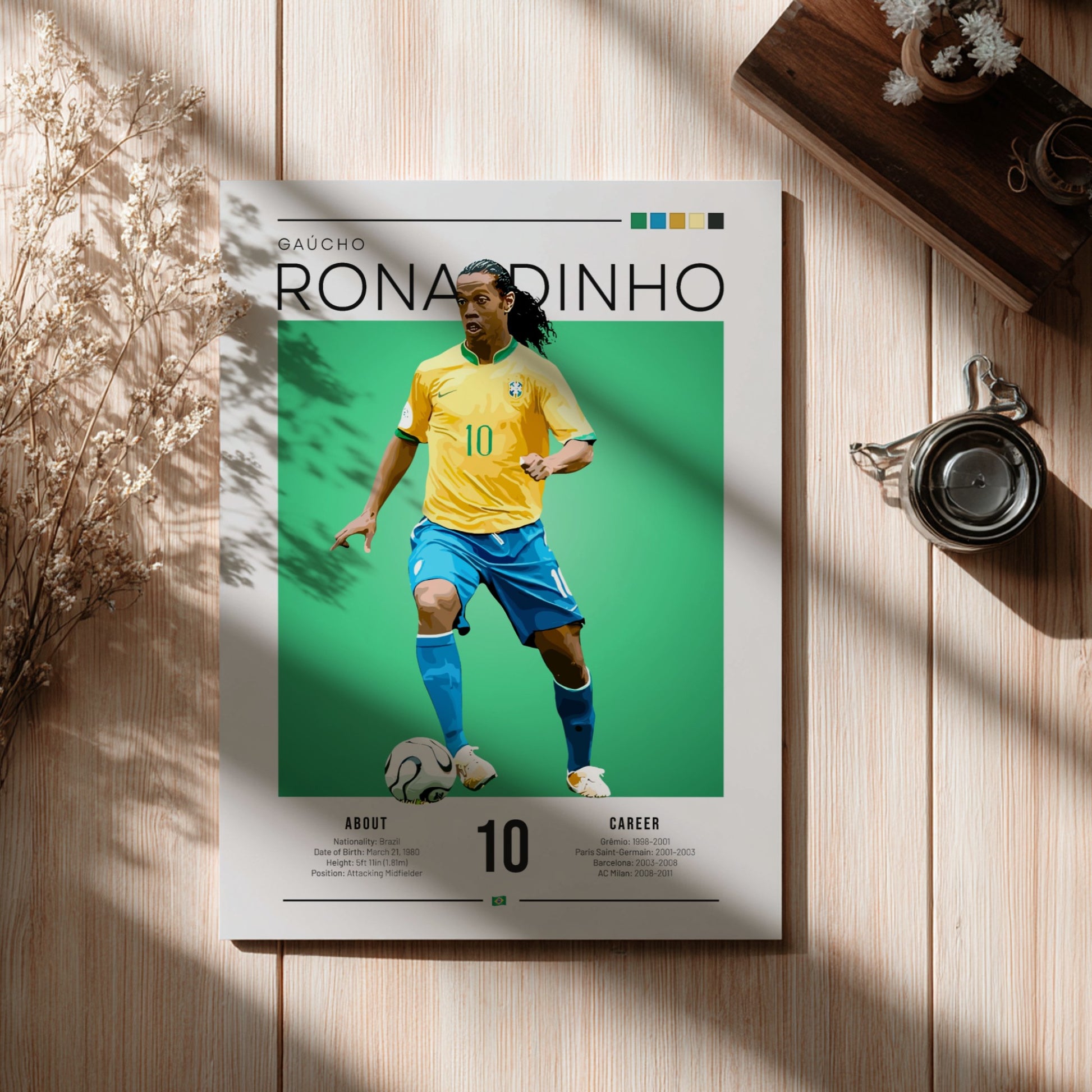 Ronaldinho football art featuring vibrant colors and vintage style, perfect for sports decor