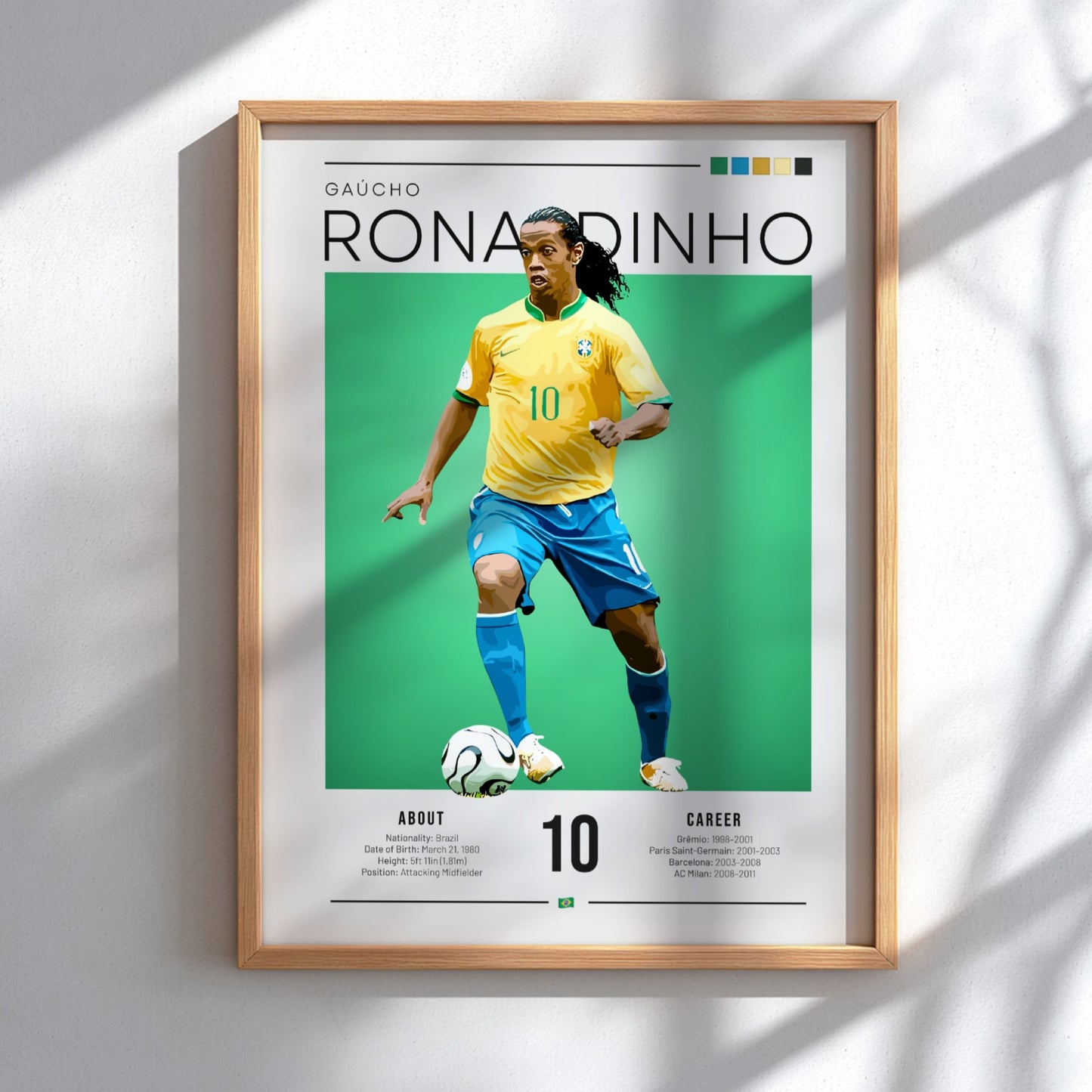 Ronaldinho football art featuring vibrant colors and vintage style, perfect for sports decor