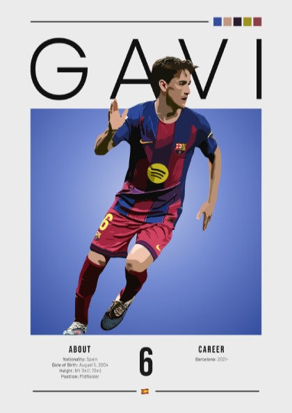 Gavi soccer art print featuring vibrant colors and modern illustration style, perfect for sports wall decor.