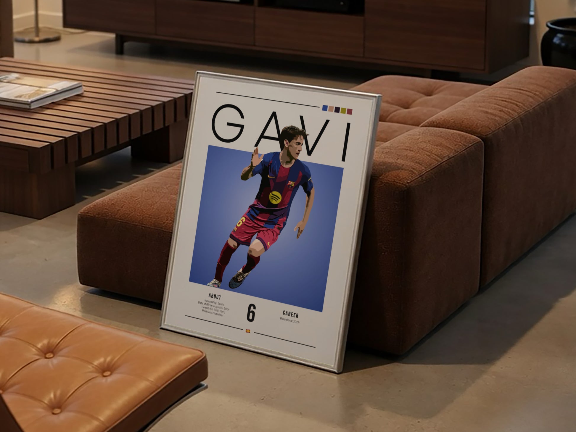 Gavi soccer art print featuring vibrant colors and modern illustration style, perfect for sports wall decor.