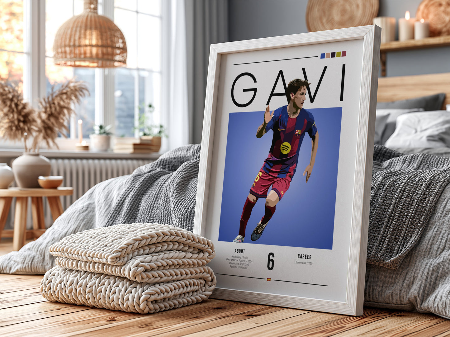 Gavi soccer art print featuring vibrant colors and modern illustration style, perfect for sports wall decor.