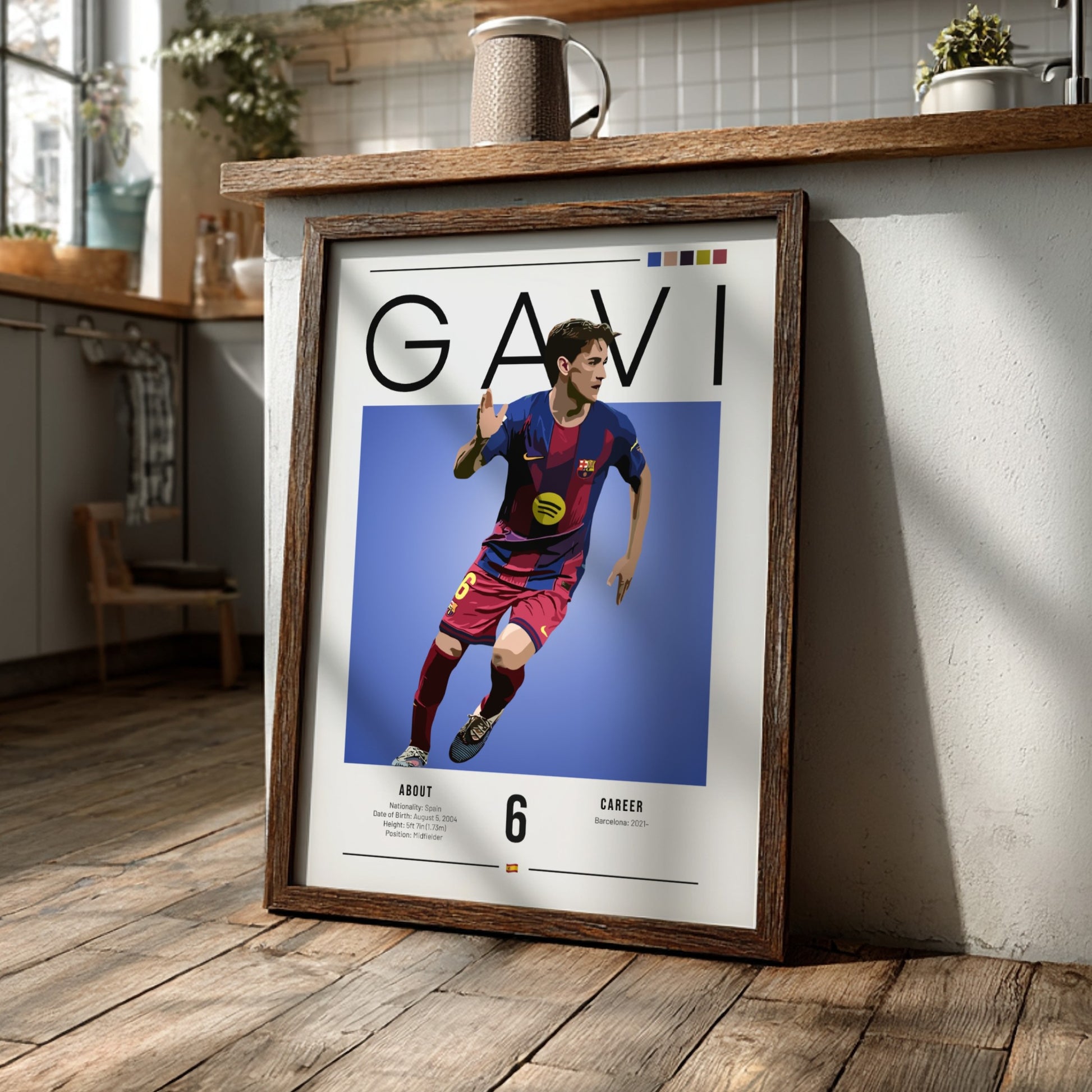Gavi soccer art print featuring vibrant colors and modern illustration style, perfect for sports wall decor.