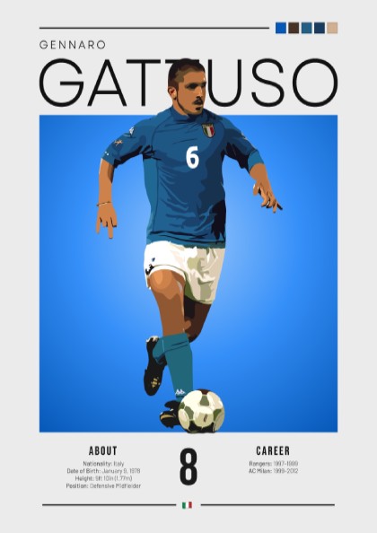 Gennaro Gattuso poster featuring vibrant blue colors, showcasing an Italian football legend in action.