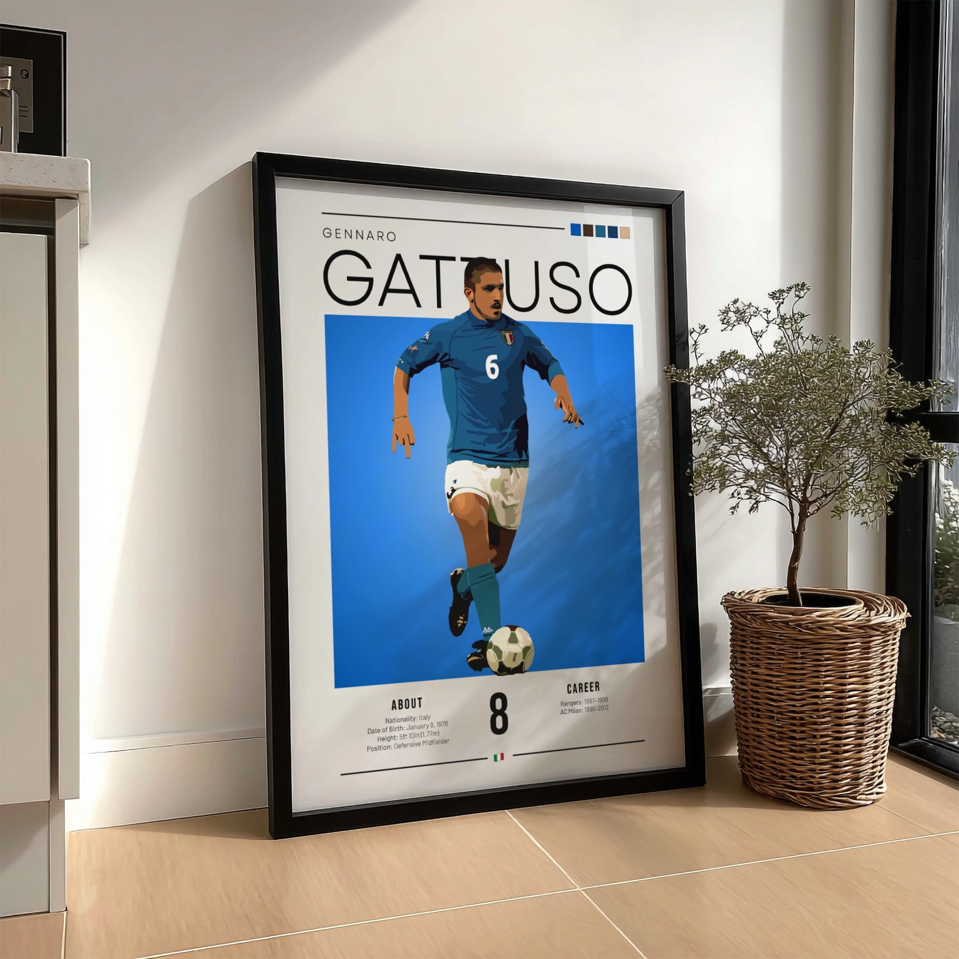 Gennaro Gattuso poster featuring vibrant blue colors, showcasing an Italian football legend in action.
