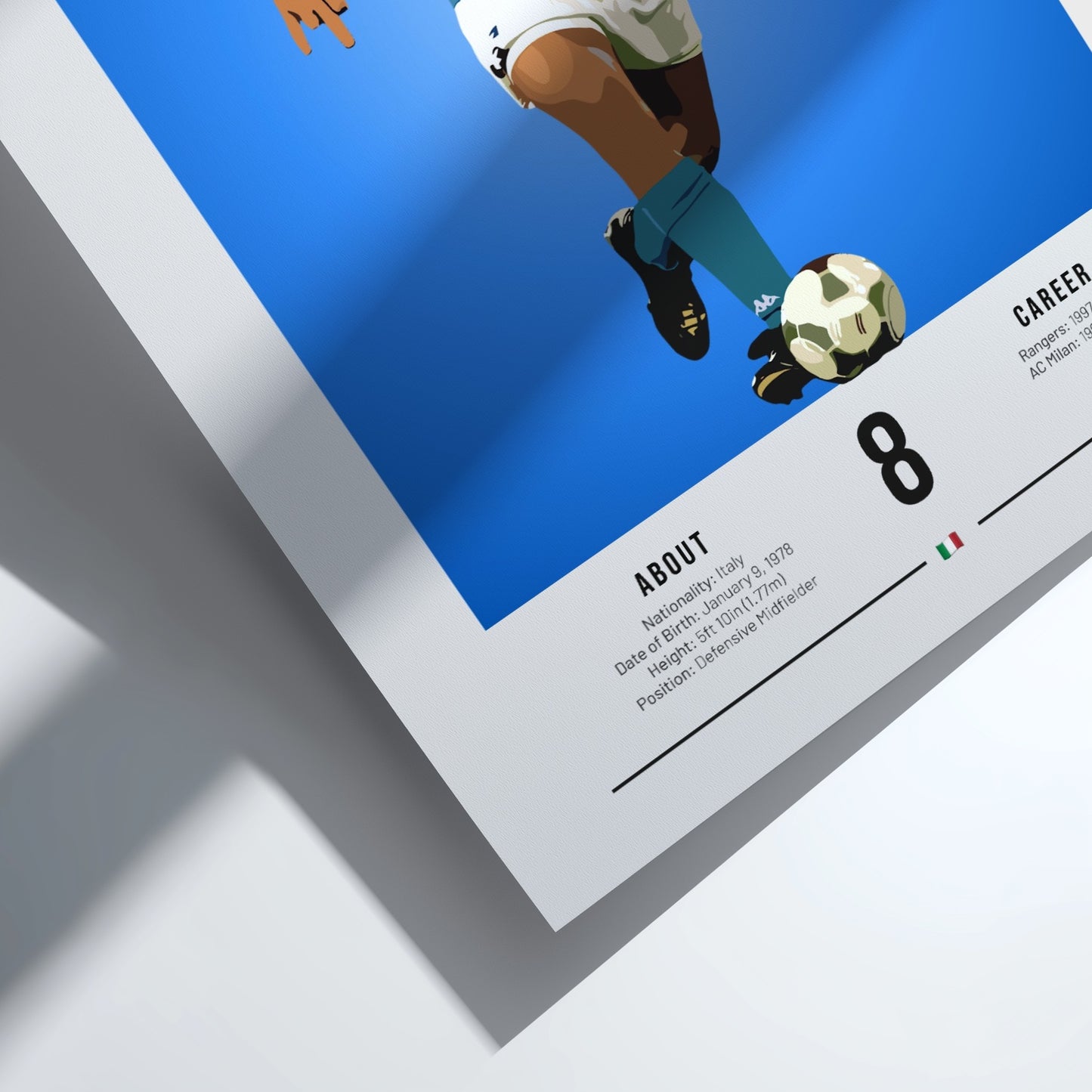 Gennaro Gattuso poster featuring vibrant blue colors, showcasing an Italian football legend in action.