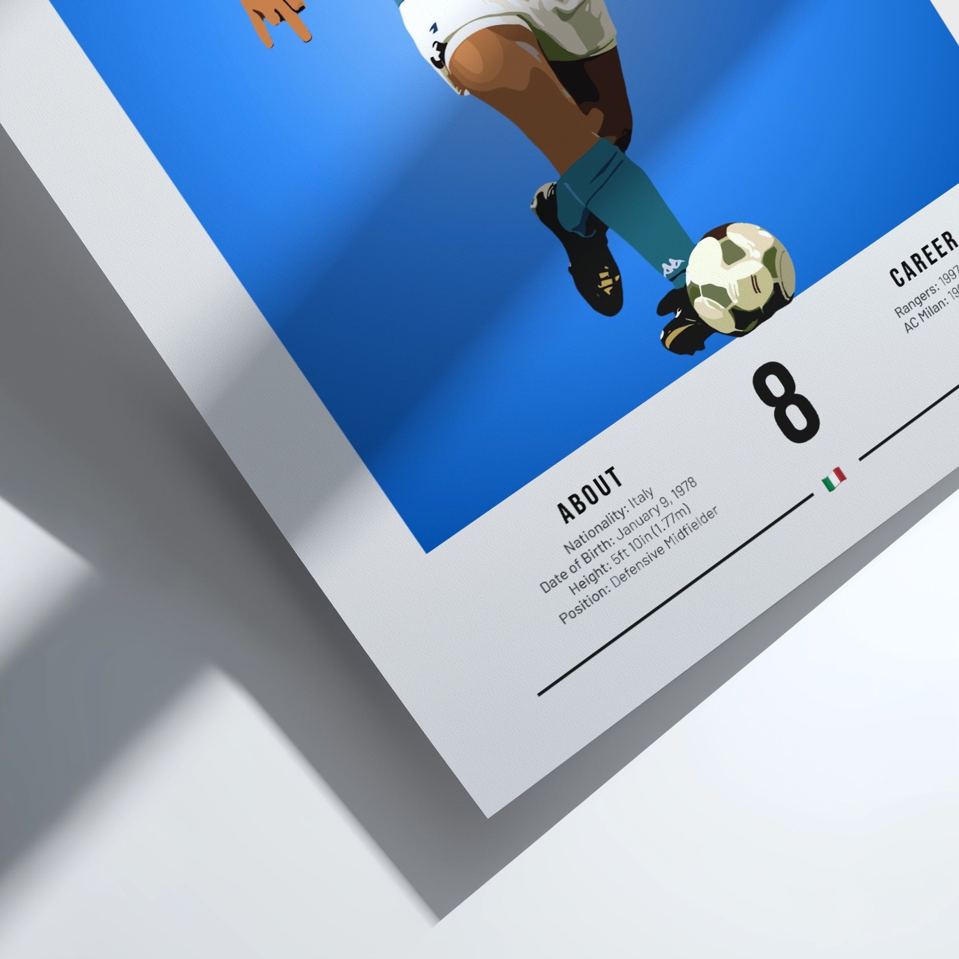 Gennaro Gattuso poster featuring vibrant blue colors, showcasing an Italian football legend in action.