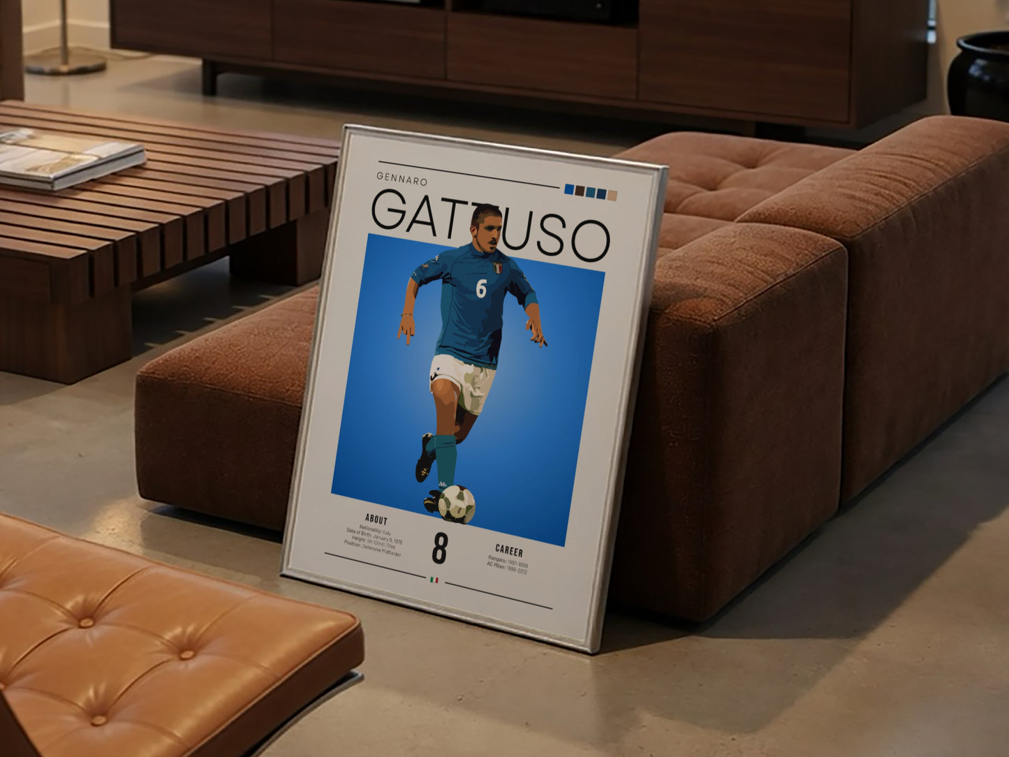 Gennaro Gattuso poster featuring vibrant blue colors, showcasing an Italian football legend in action.