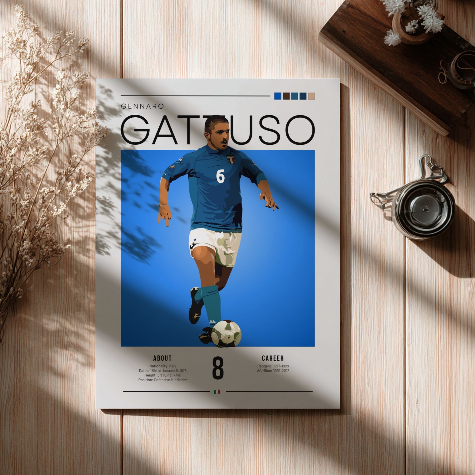 Gennaro Gattuso poster featuring vibrant blue colors, showcasing an Italian football legend in action.