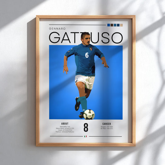 Gennaro Gattuso poster featuring vibrant blue colors, showcasing an Italian football legend in action.