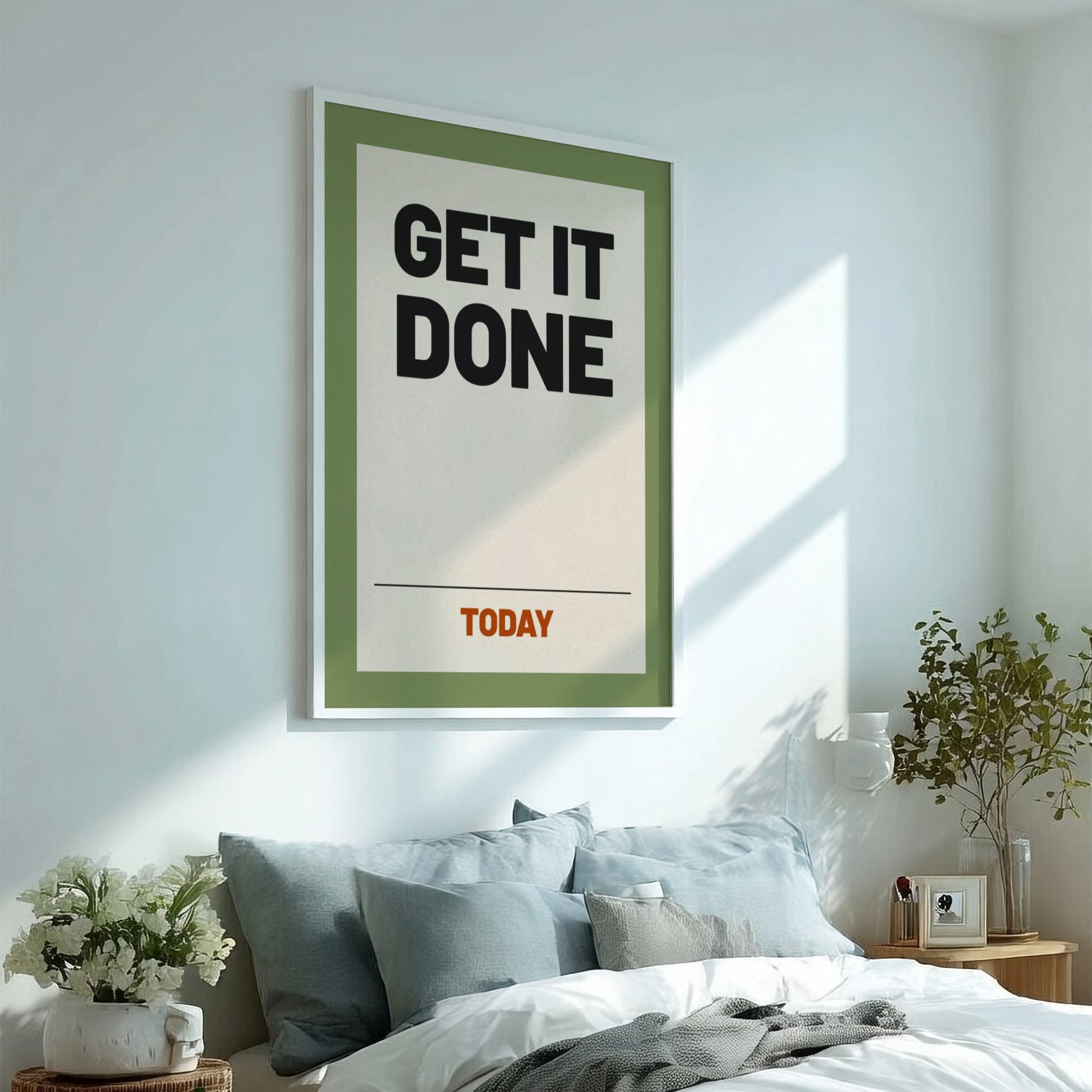 Motivational poster featuring bold typography on a green background, ideal for office decor and inspiration.