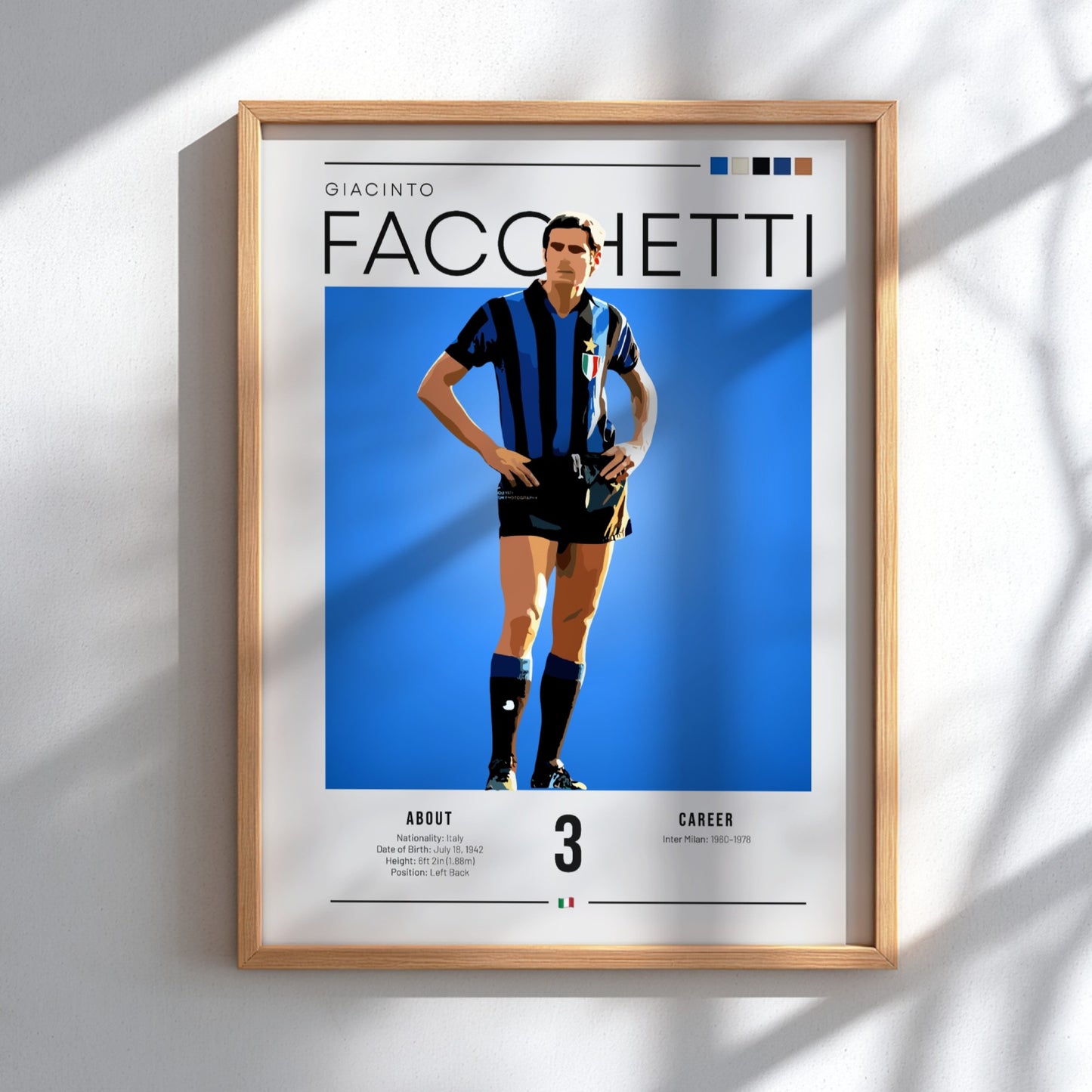Giacinto Facchetti poster featuring bold colors and modern design, celebrating an Italian football legend.