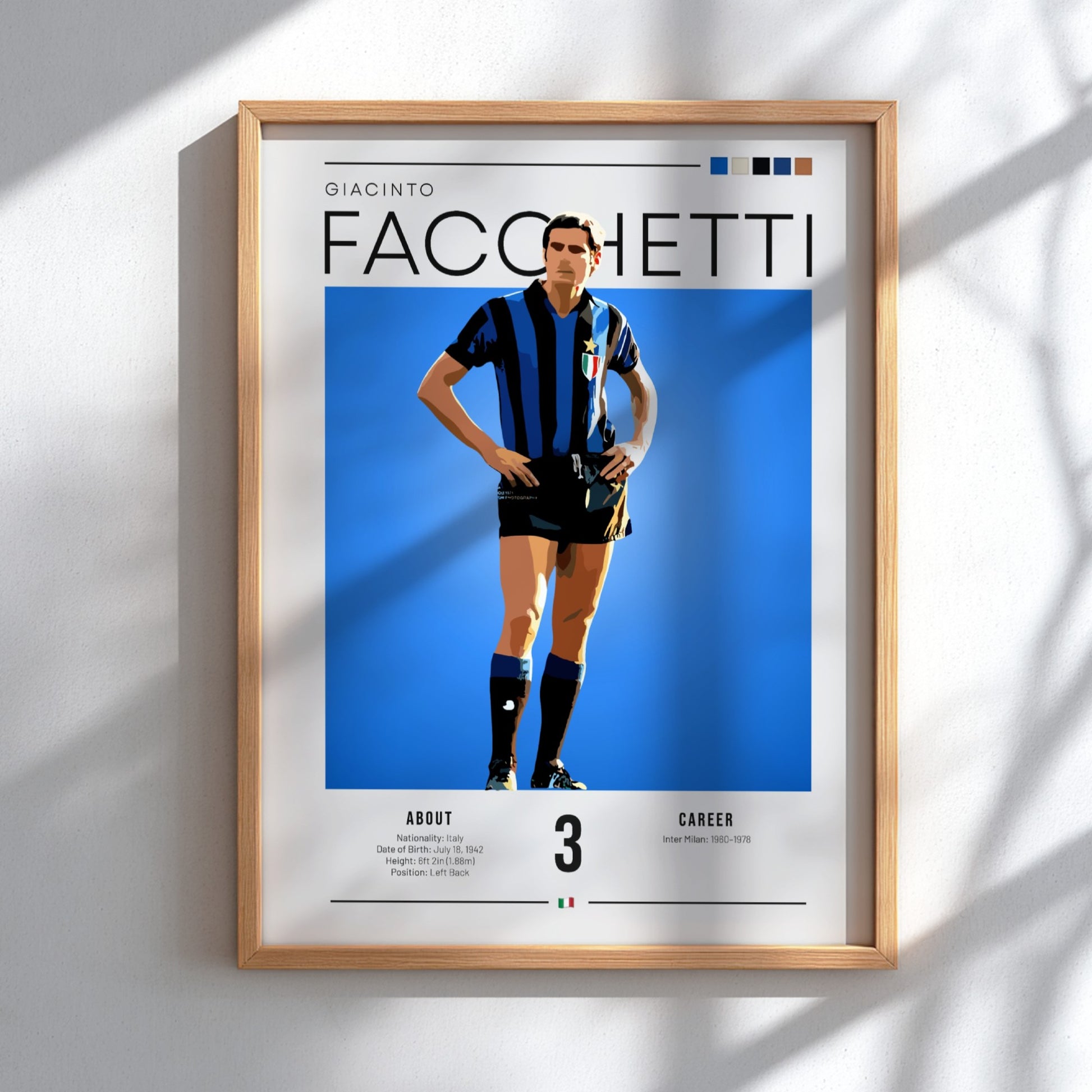 Giacinto Facchetti poster featuring bold colors and modern design, celebrating an Italian football legend.