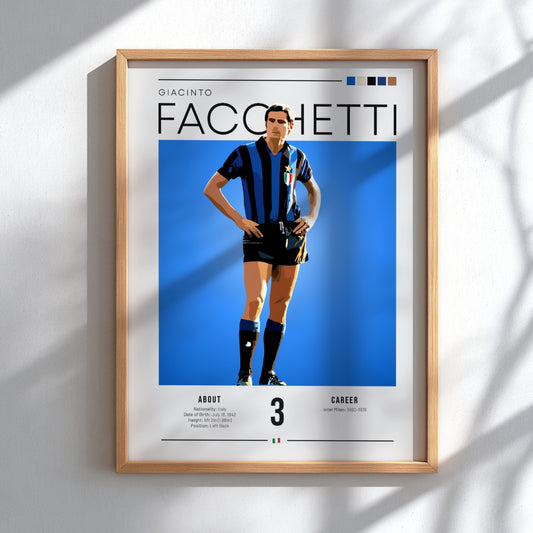 Giacinto Facchetti poster featuring bold colors and modern design, celebrating an Italian football legend.