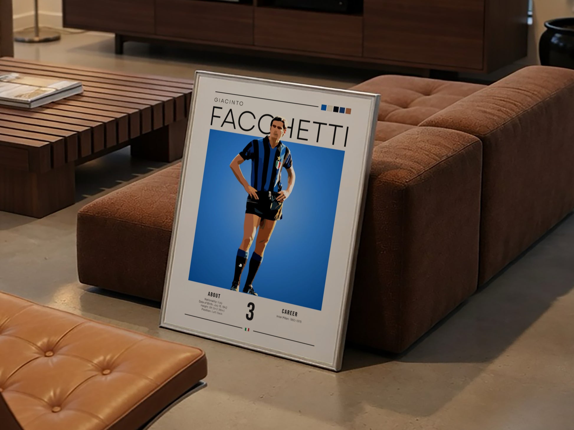 Giacinto Facchetti poster featuring bold colors and modern design, celebrating an Italian football legend.
