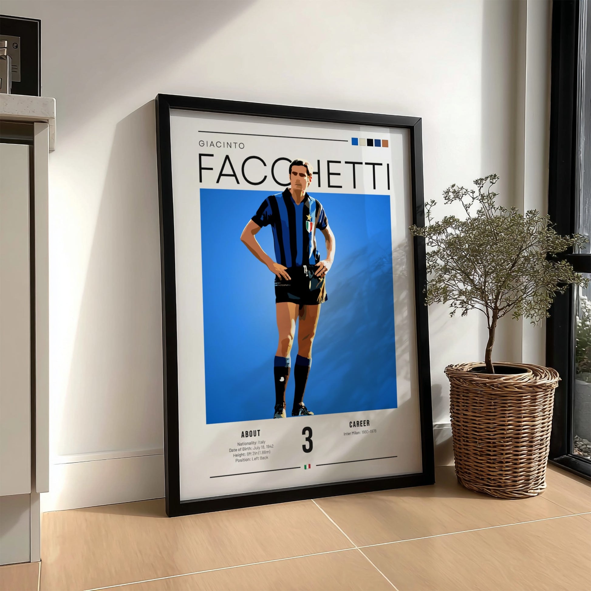 Giacinto Facchetti poster featuring bold colors and modern design, celebrating an Italian football legend.