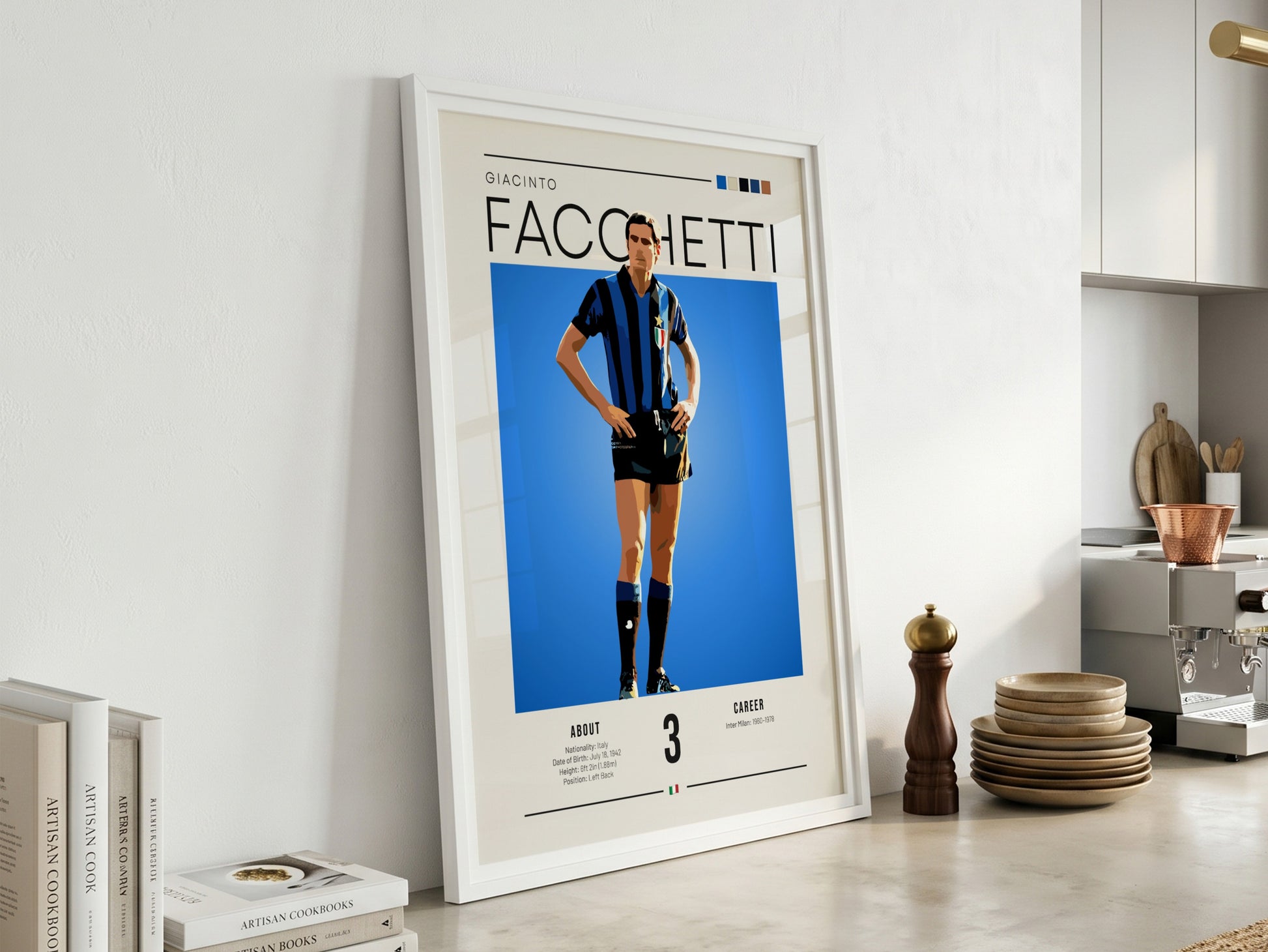 Giacinto Facchetti poster featuring bold colors and modern design, celebrating an Italian football legend.