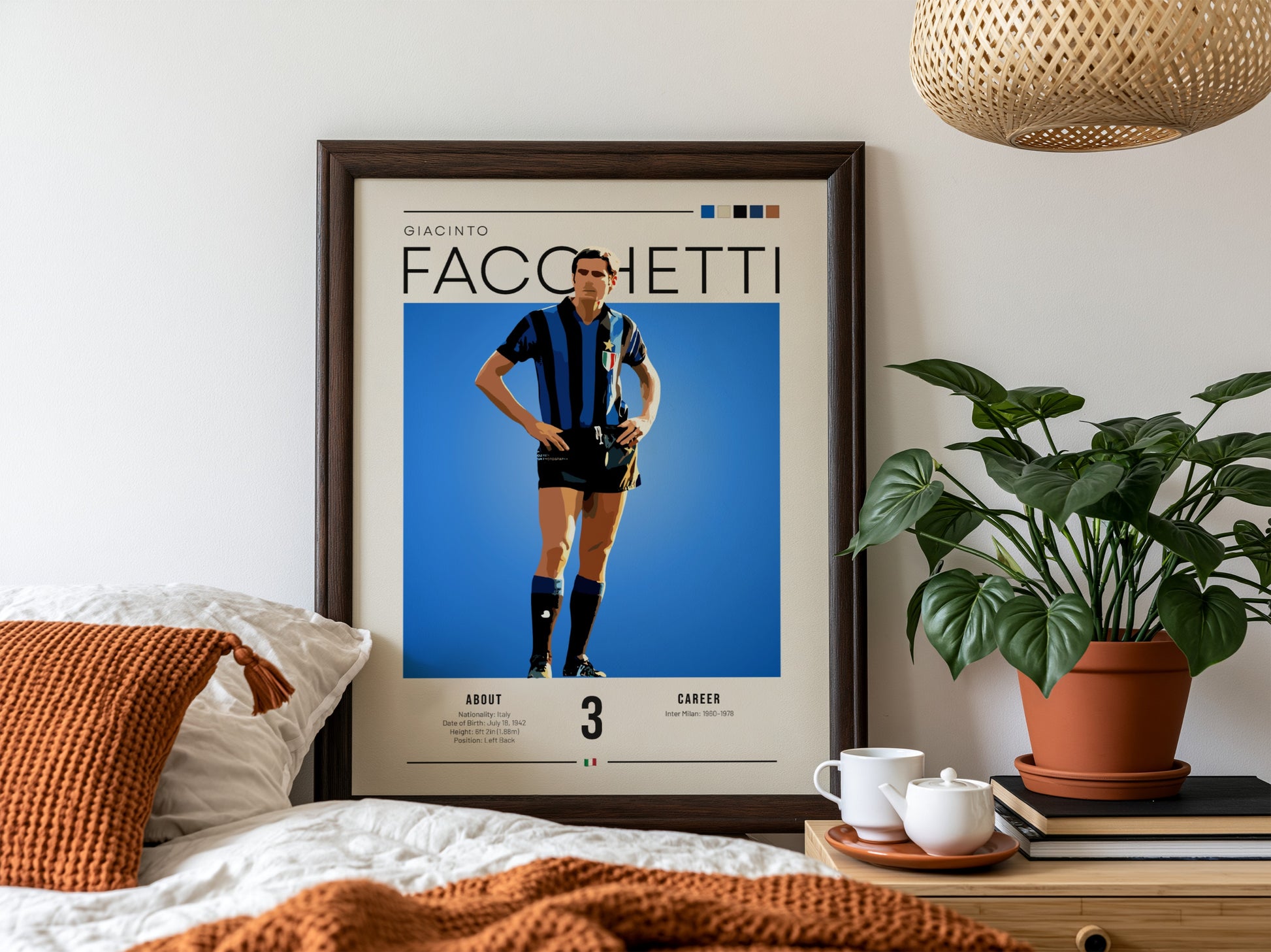 Giacinto Facchetti poster featuring bold colors and modern design, celebrating an Italian football legend.