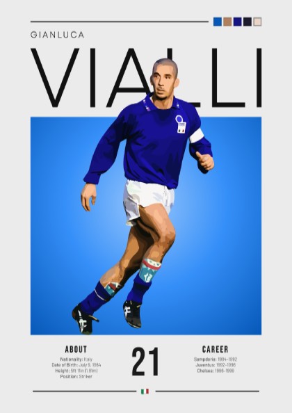 Gianluca Vialli poster featuring vibrant blue colors and dynamic football action, celebrating an Italian