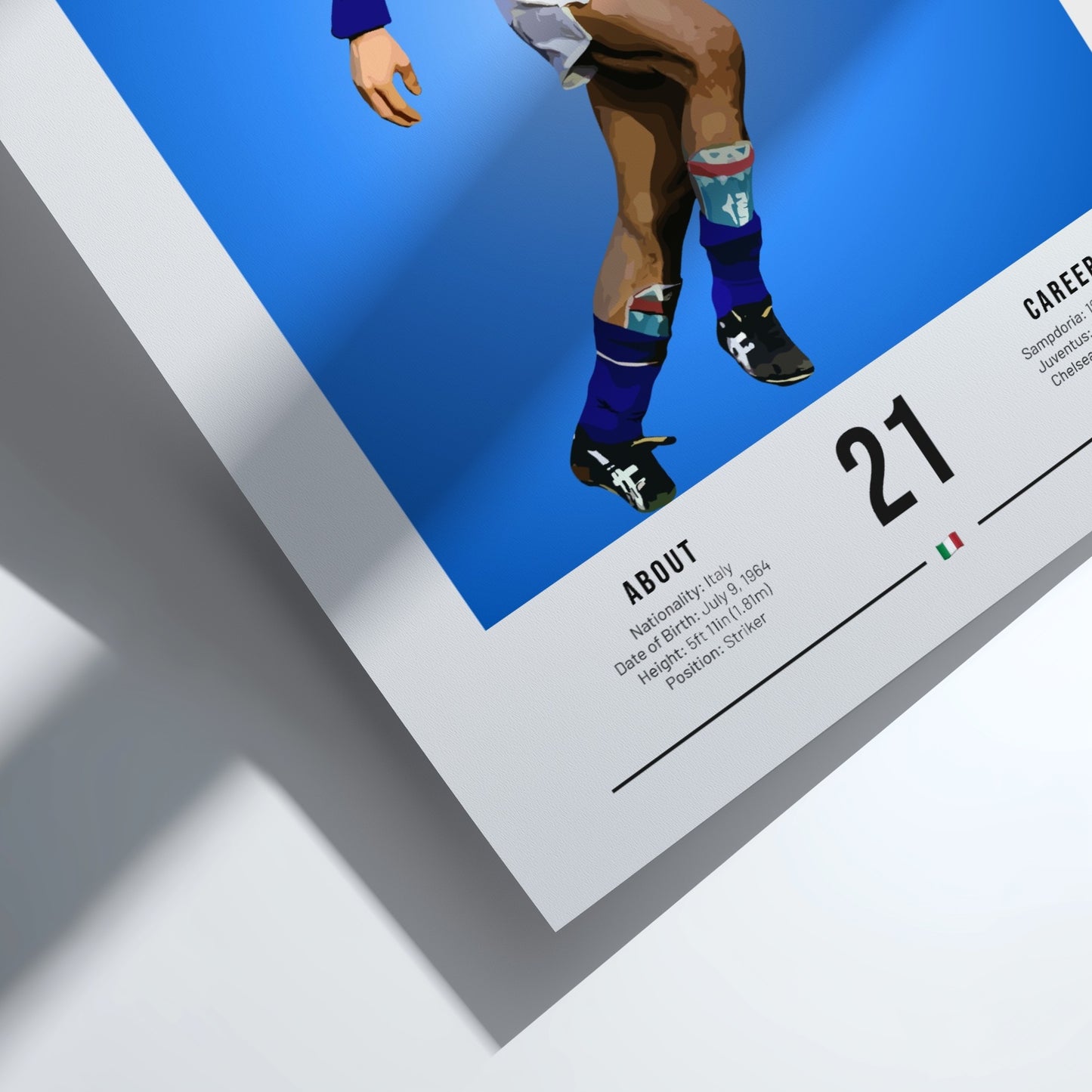 Gianluca Vialli poster featuring vibrant blue colors and dynamic football action, celebrating an Italian