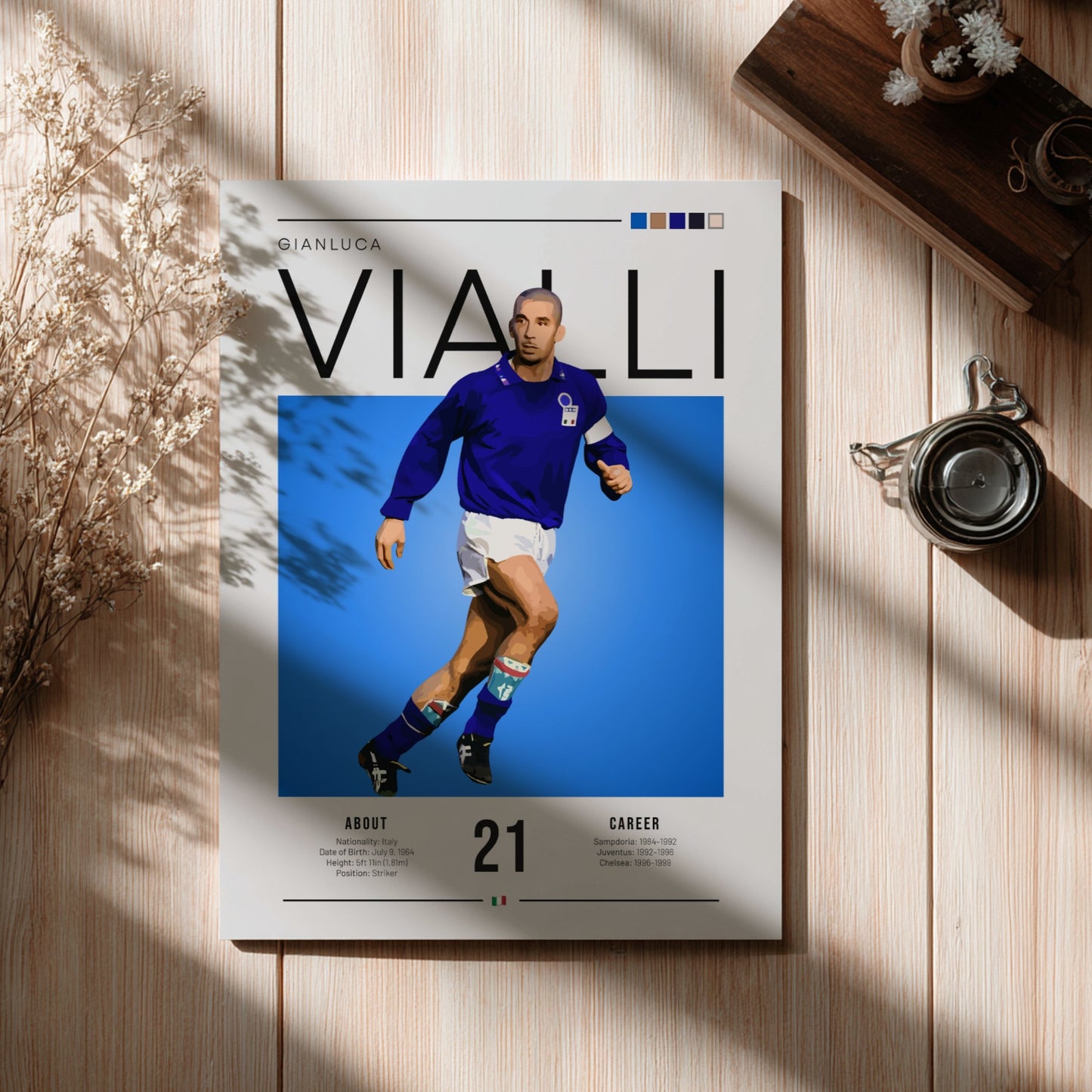 Gianluca Vialli poster featuring vibrant blue colors and dynamic football action, celebrating an Italian
