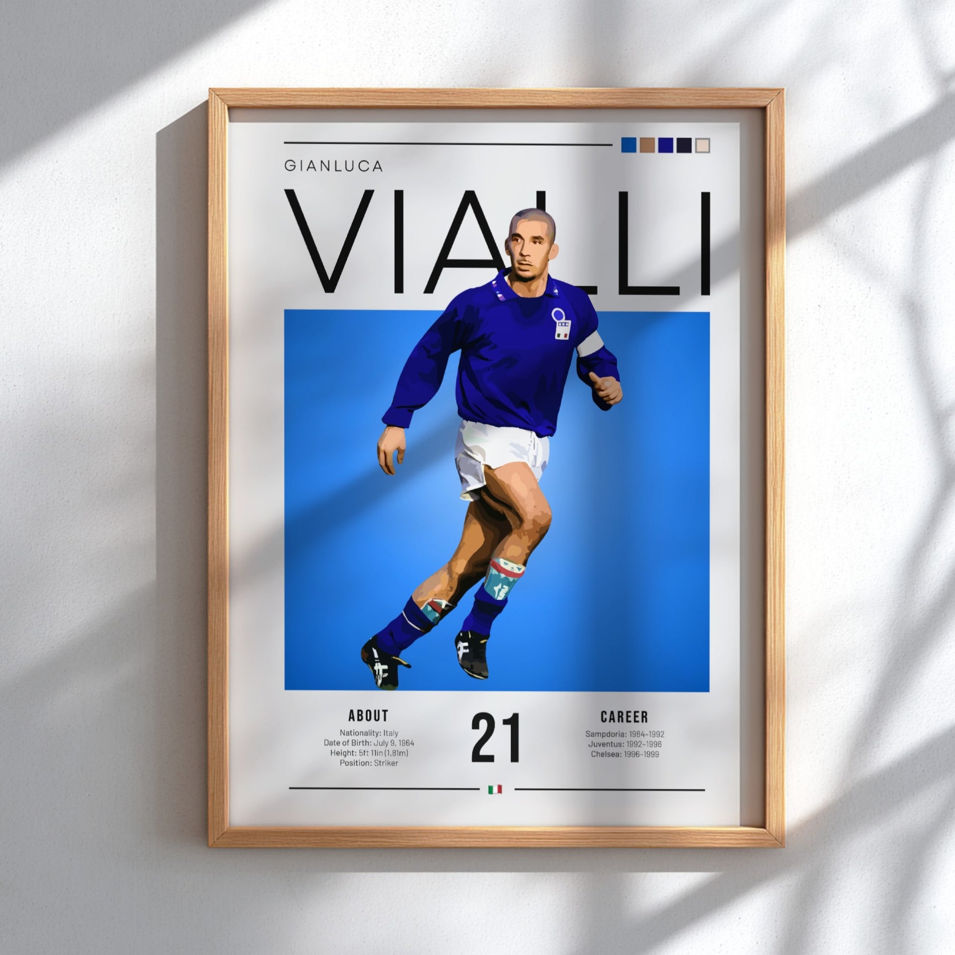 Gianluca Vialli poster featuring vibrant blue colors and dynamic football action, celebrating an Italian