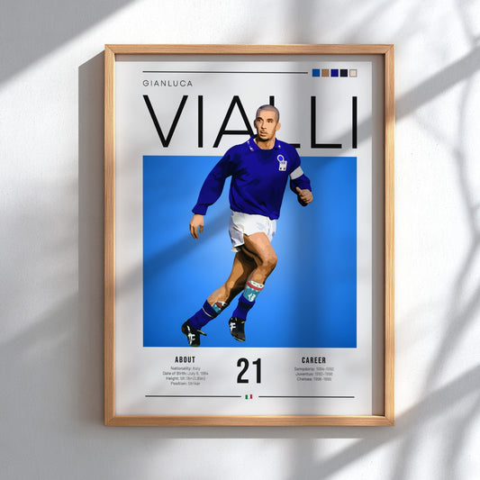 Gianluca Vialli poster featuring vibrant blue colors and dynamic football action, celebrating an Italian
