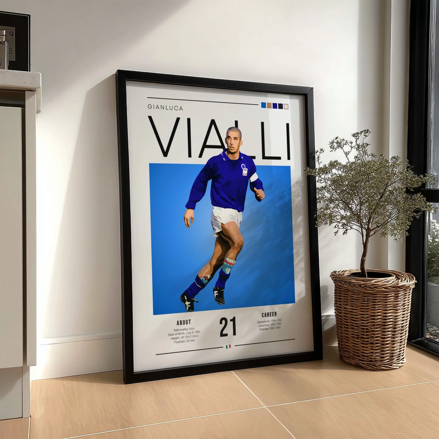 Gianluca Vialli poster featuring vibrant blue colors and dynamic football action, celebrating an Italian