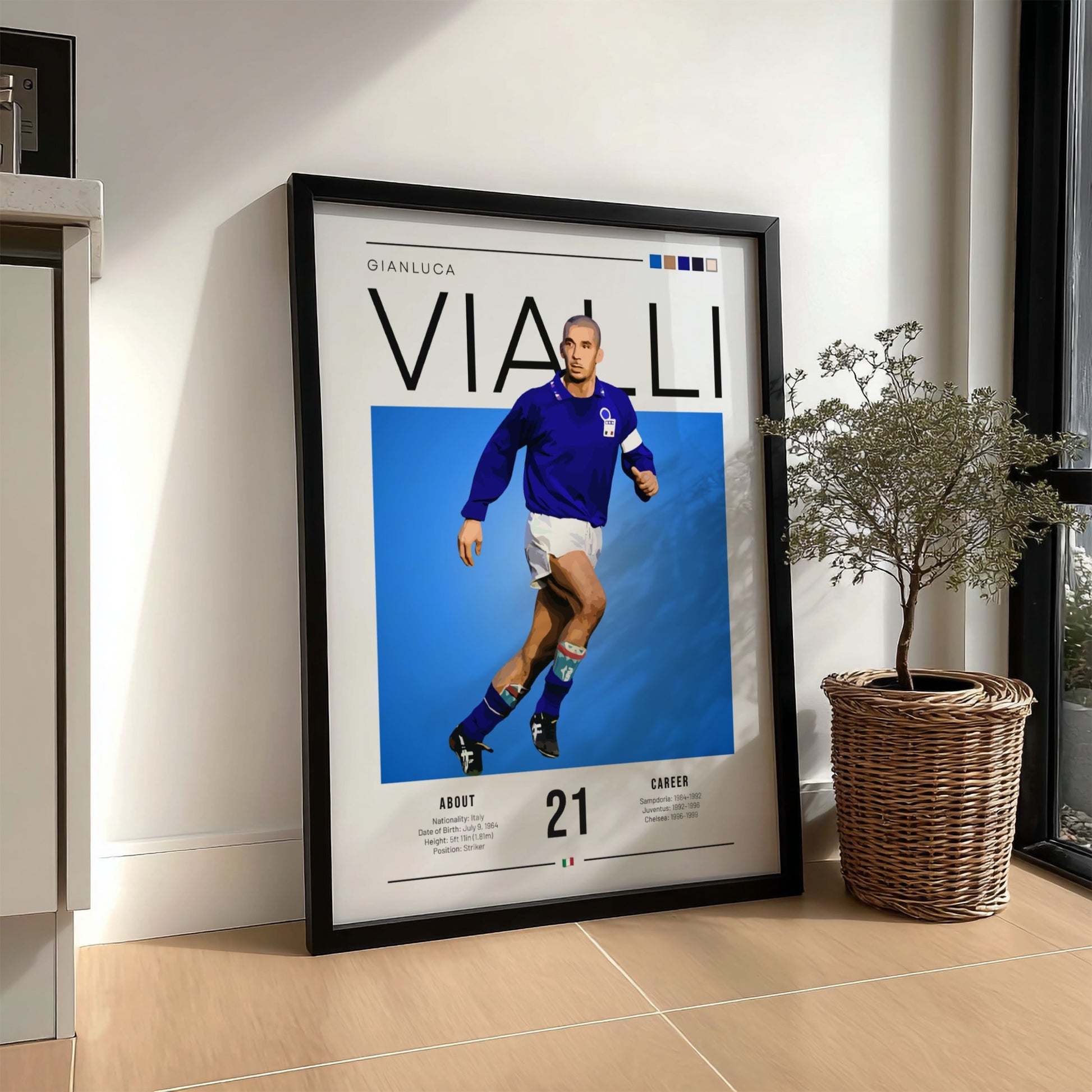 Gianluca Vialli poster featuring vibrant blue colors and dynamic football action, celebrating an Italian