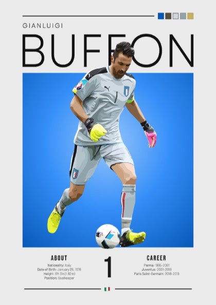Gianluigi Buffon poster featuring vibrant blue background and goalkeeper action, celebrating Italian football