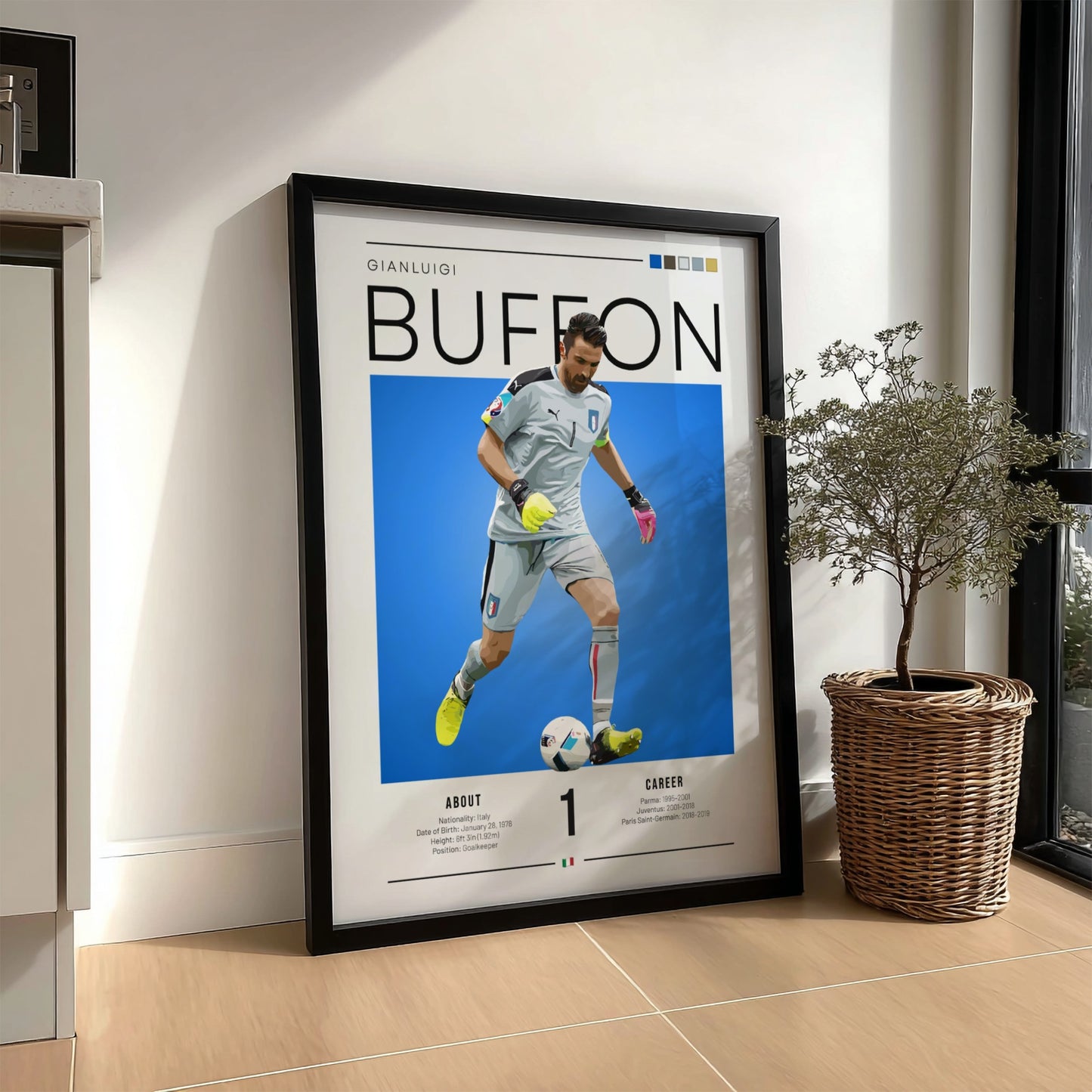 Gianluigi Buffon poster featuring vibrant blue background and goalkeeper action, celebrating Italian football