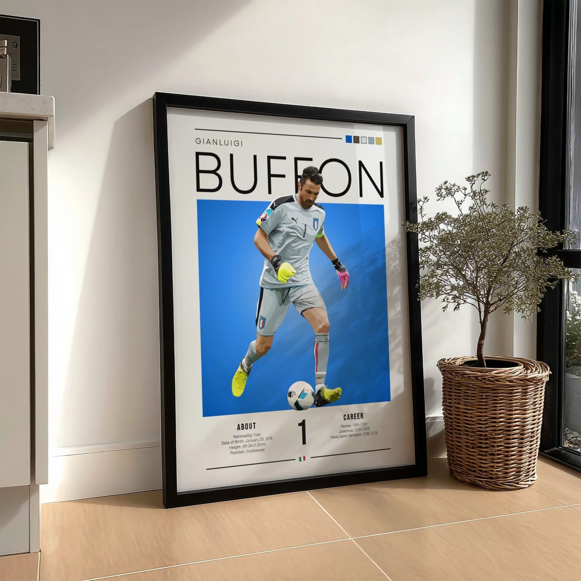 Gianluigi Buffon poster featuring vibrant blue background and goalkeeper action, celebrating Italian football