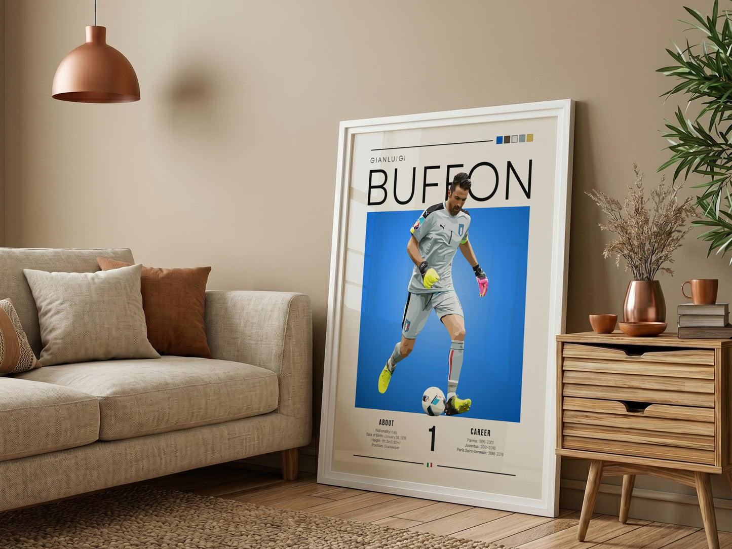 Gianluigi Buffon poster featuring vibrant blue background and goalkeeper action, celebrating Italian football