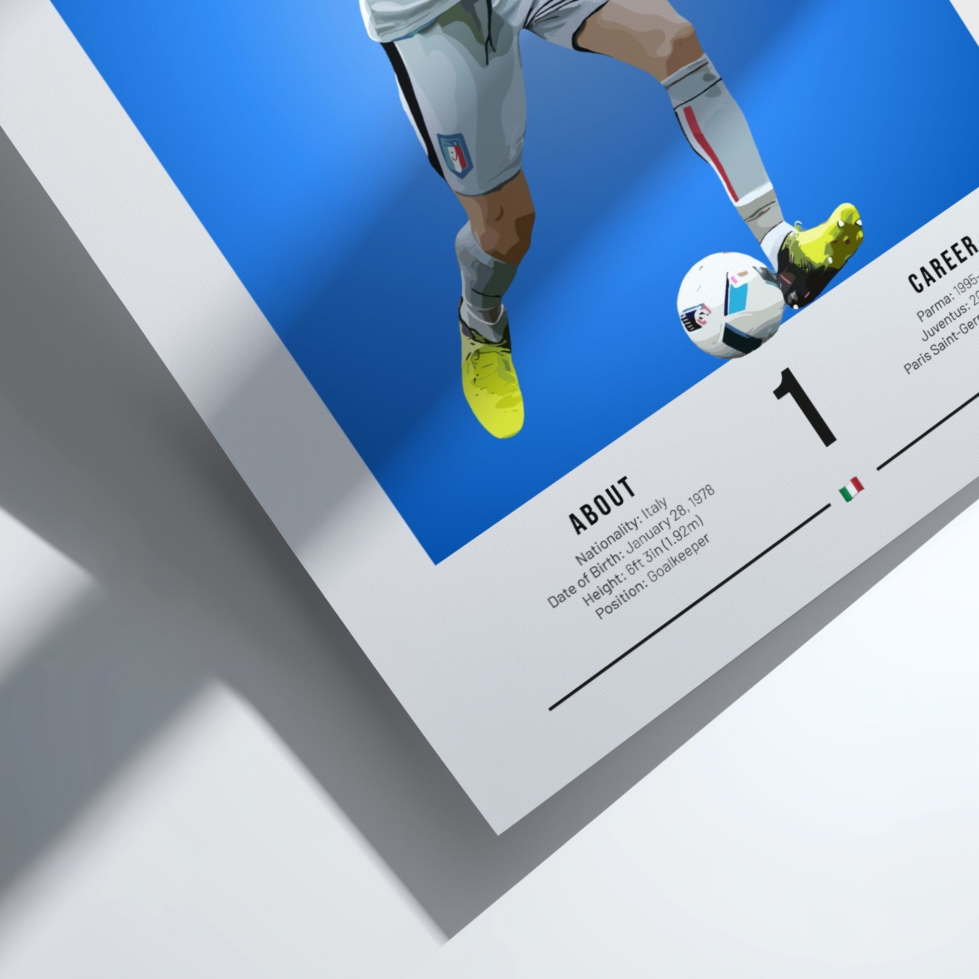 Gianluigi Buffon poster featuring vibrant blue background and goalkeeper action, celebrating Italian football