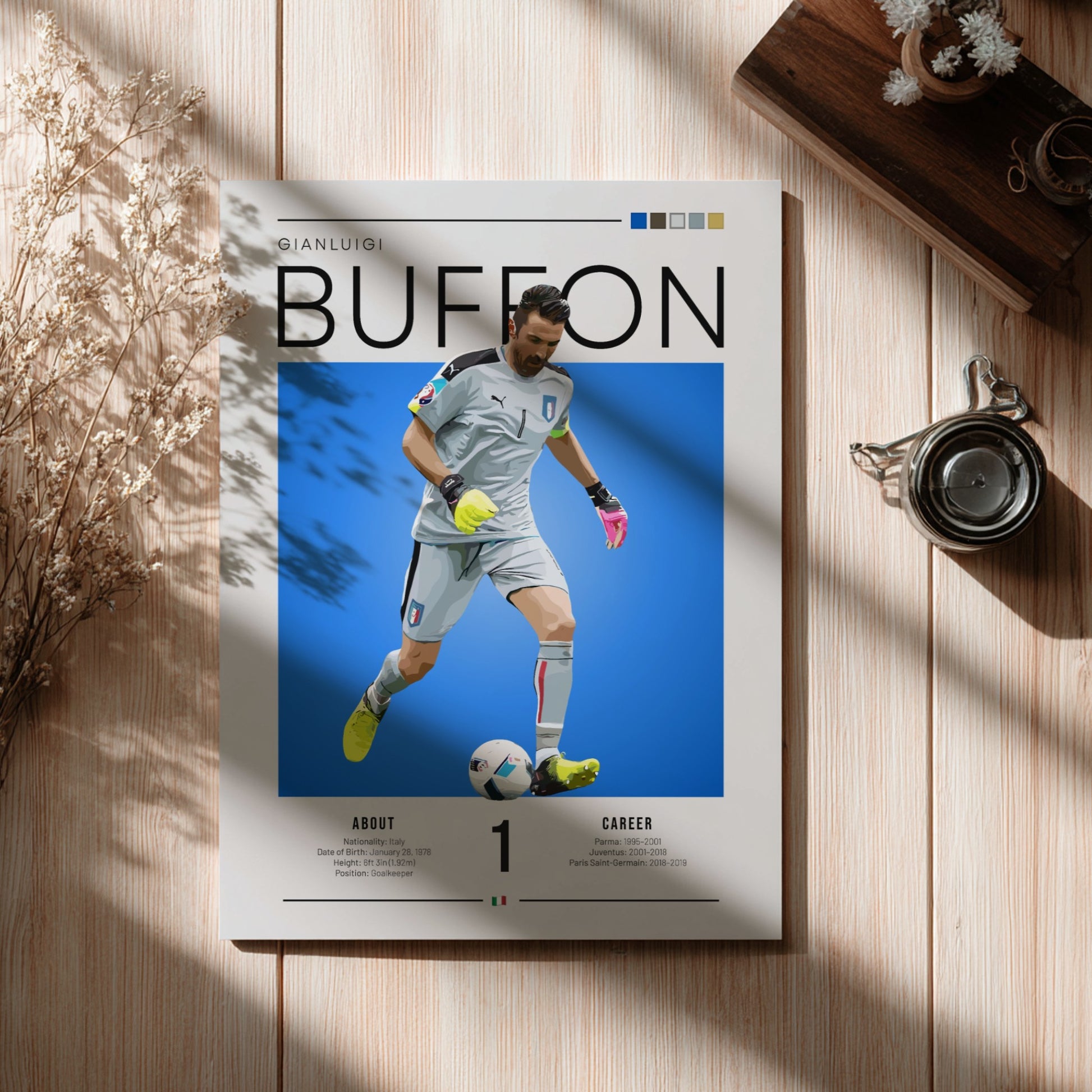 Gianluigi Buffon poster featuring vibrant blue background and goalkeeper action, celebrating Italian football