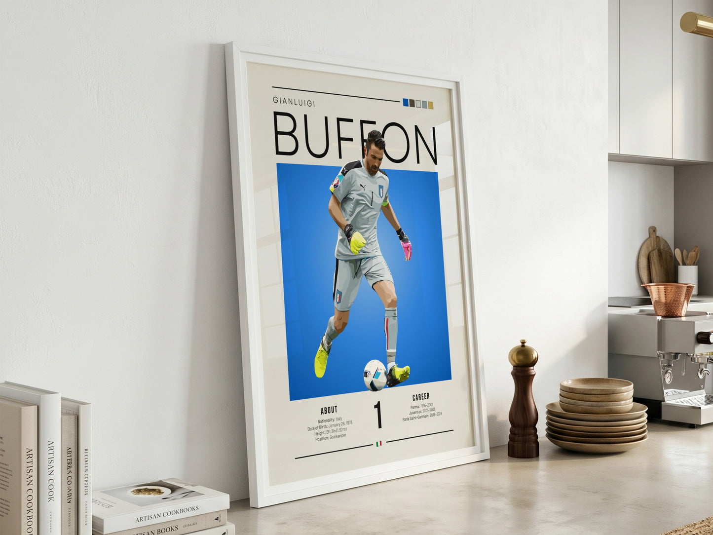 Gianluigi Buffon poster featuring vibrant blue background and goalkeeper action, celebrating Italian football
