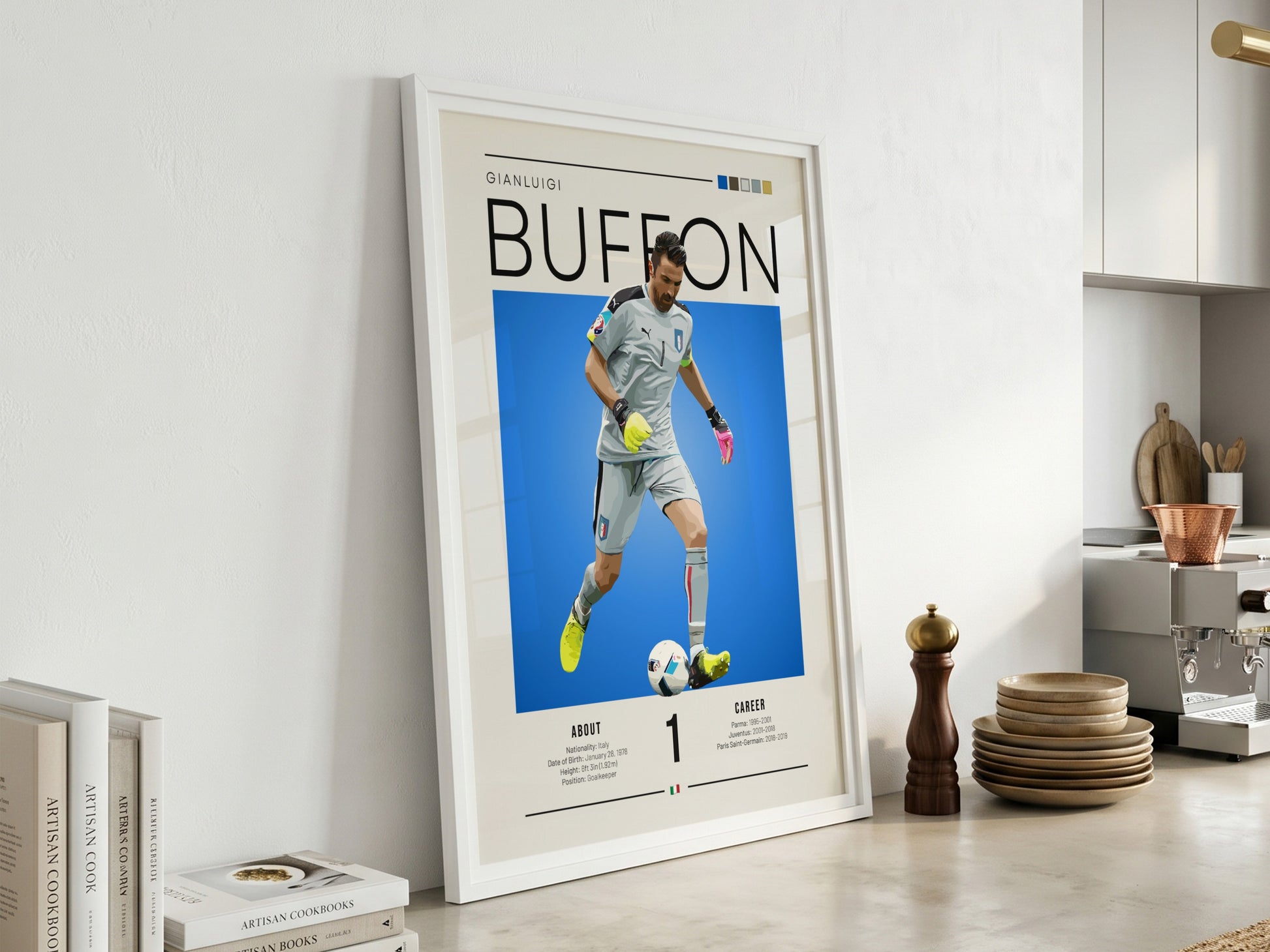 Gianluigi Buffon poster featuring vibrant blue background and goalkeeper action, celebrating Italian football