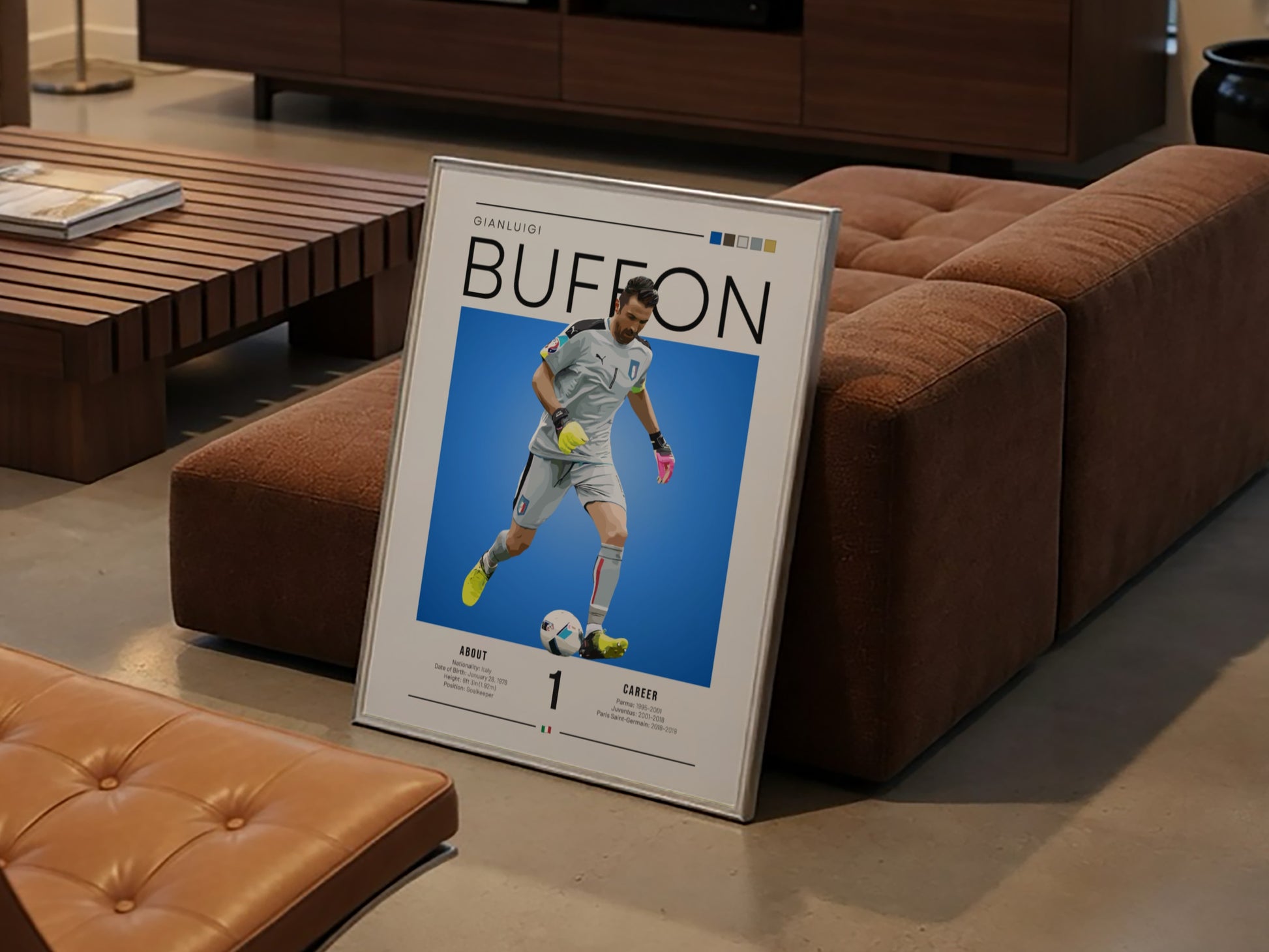 Gianluigi Buffon poster featuring vibrant blue background and goalkeeper action, celebrating Italian football
