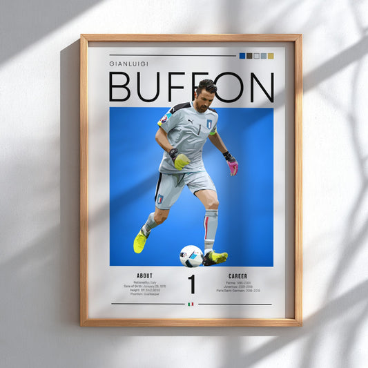 Gianluigi Buffon poster featuring vibrant blue background and goalkeeper action, celebrating Italian football