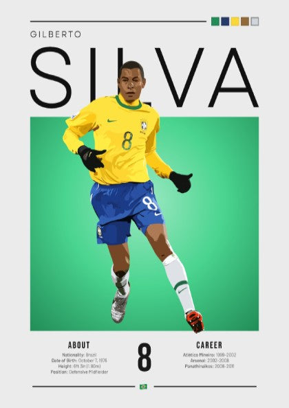 Gilberto Silva football artwork featuring vibrant yellow and green colors in an illustration style