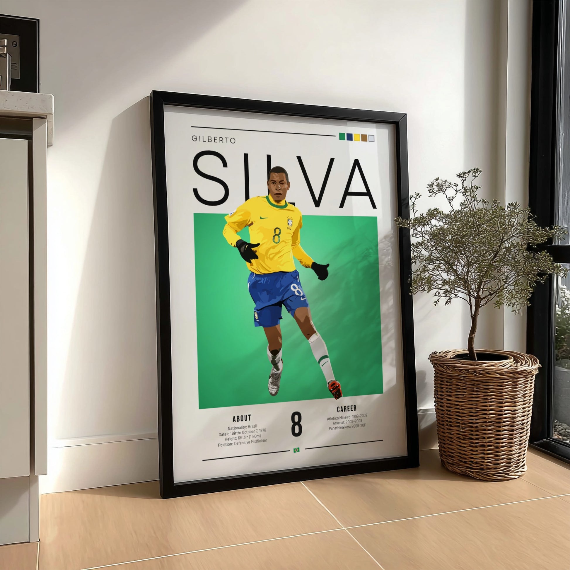 Gilberto Silva football artwork featuring vibrant yellow and green colors in an illustration style