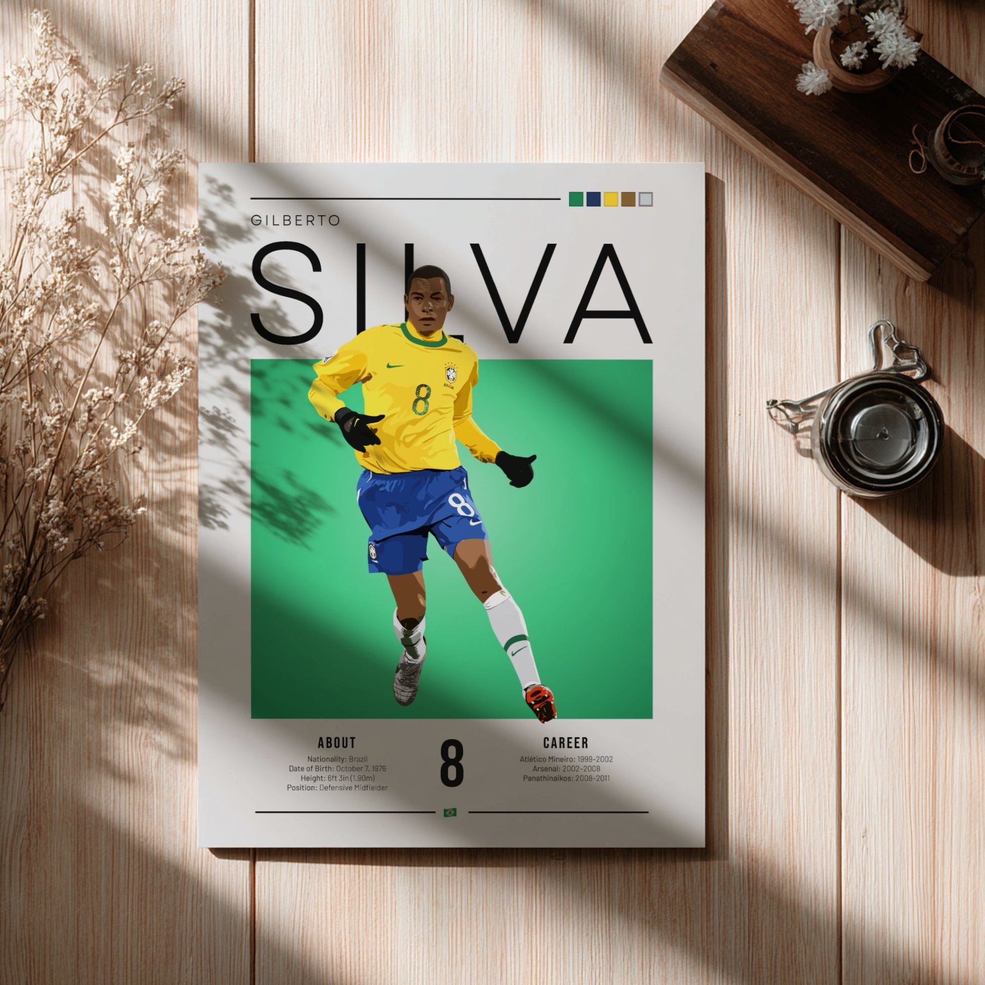 Gilberto Silva football artwork featuring vibrant yellow and green colors in an illustration style