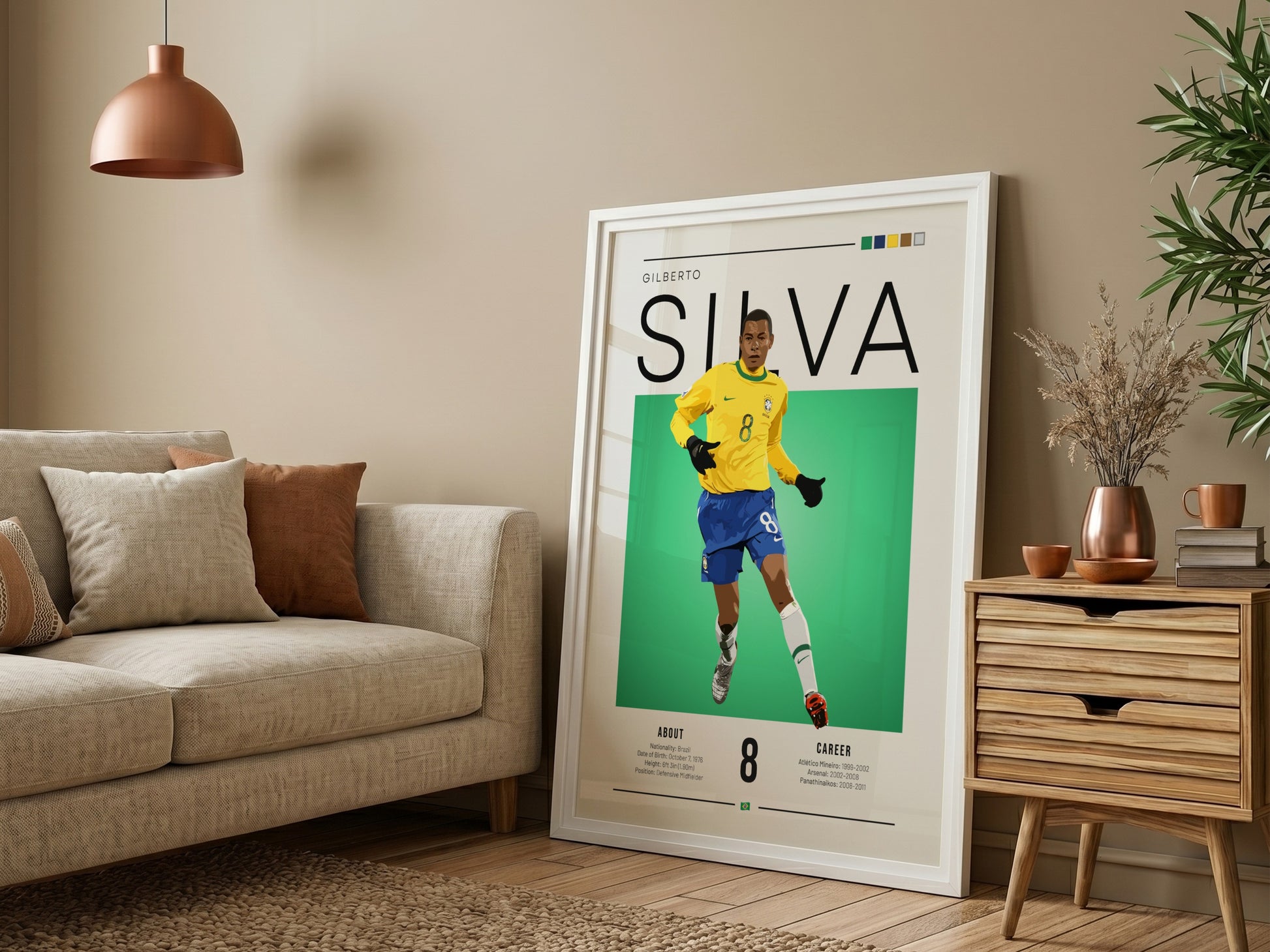 Gilberto Silva football artwork featuring vibrant yellow and green colors in an illustration style