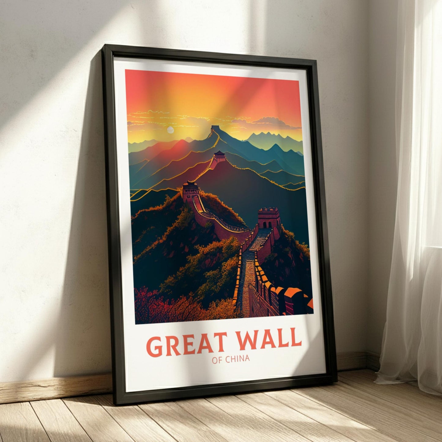 Framed poster of the Great Wall of China with a scenic mountain landscape.