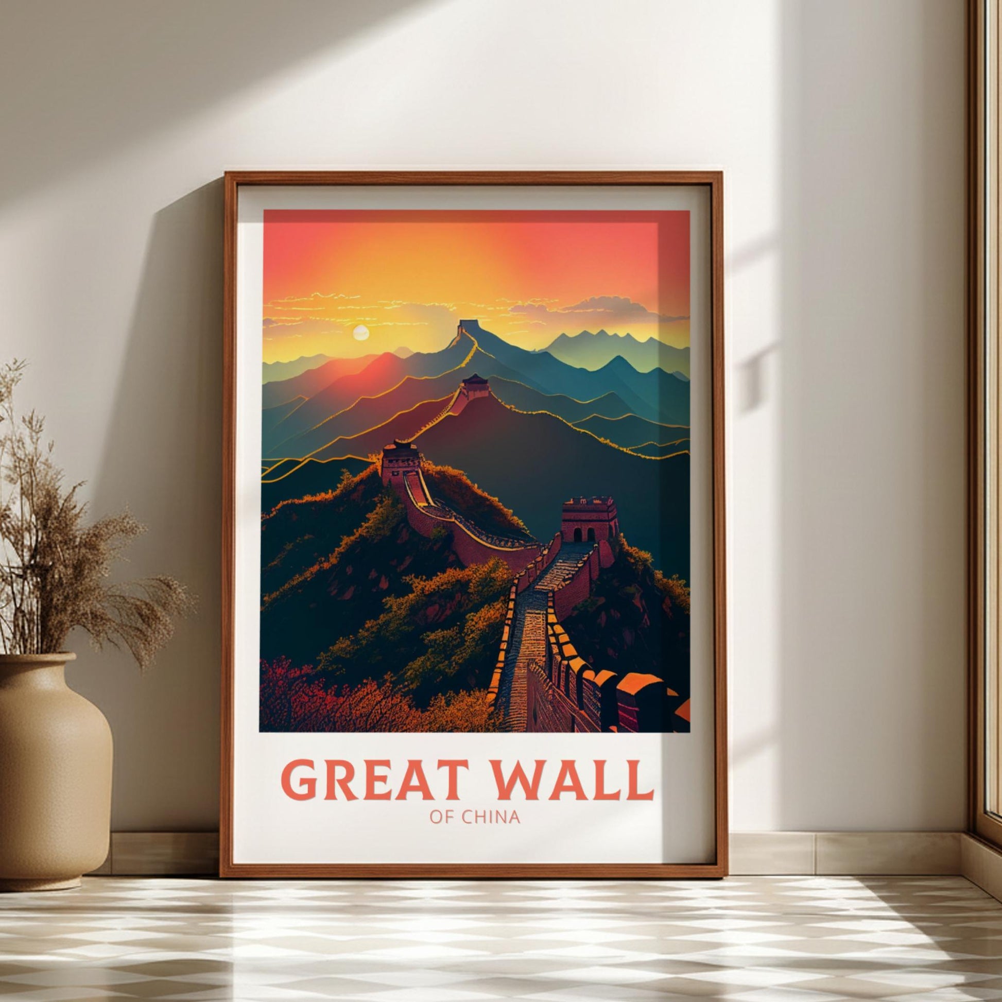 Framed poster of the Great Wall of China with a sunset design on a wall.