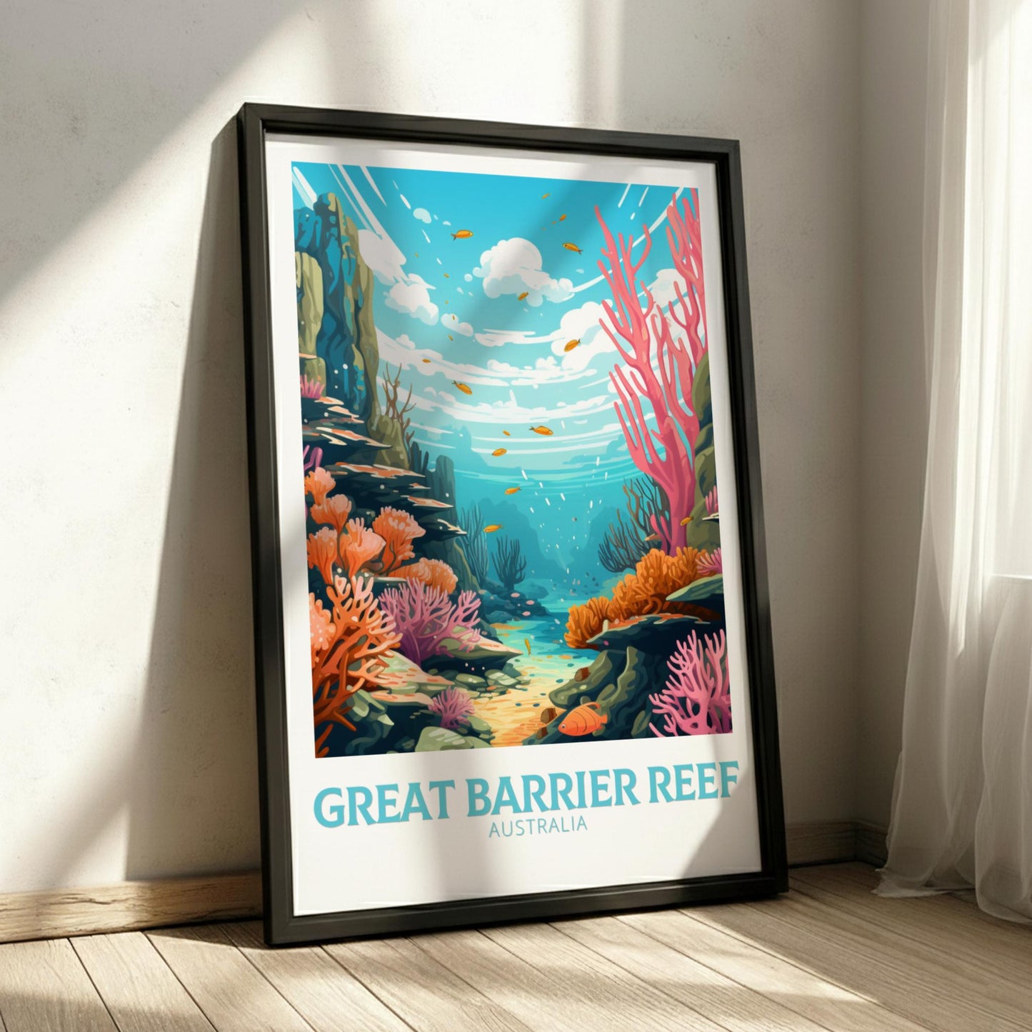 Framed poster of the Great Barrier Reef on a wall.